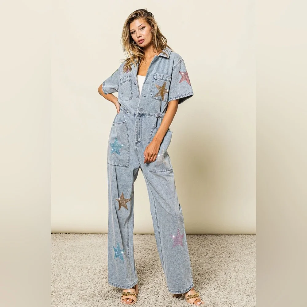 RHINESTONE STAR DENIM JUMPSUIT COVERALLS - Picture 4 of 6